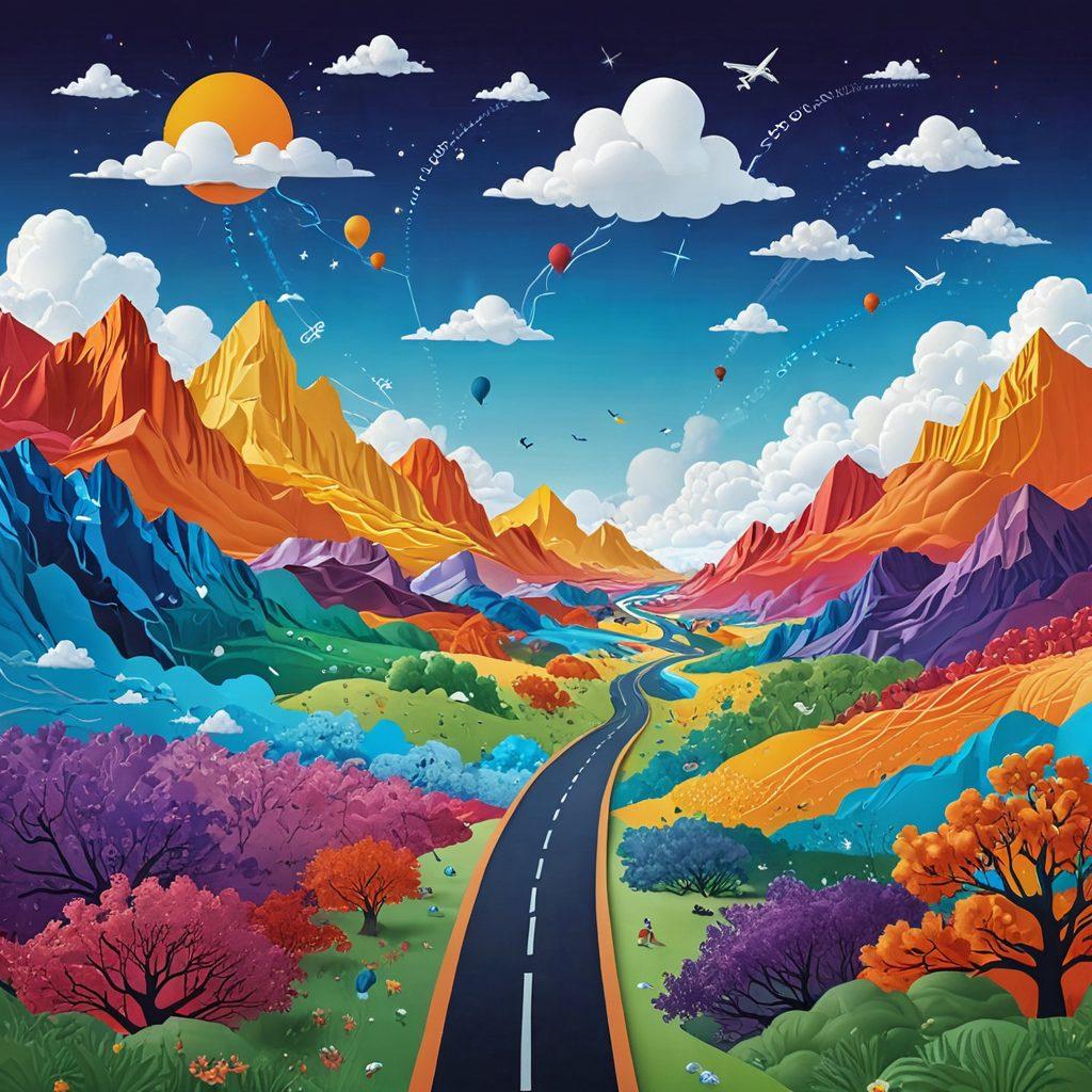 An intricate map depicting the digital landscape of the blogosphere, with colorful pathways illustrating the journey of aspiring bloggers. Each path lined with blogs represented as vibrant icons, showcasing various topics like travel, food, and technology. In the background, silhouettes of bloggers engaging with their audiences. An ethereal sky with dynamic clouds representing ideas and creativity. super-realistic. vibrant colors. 3D.