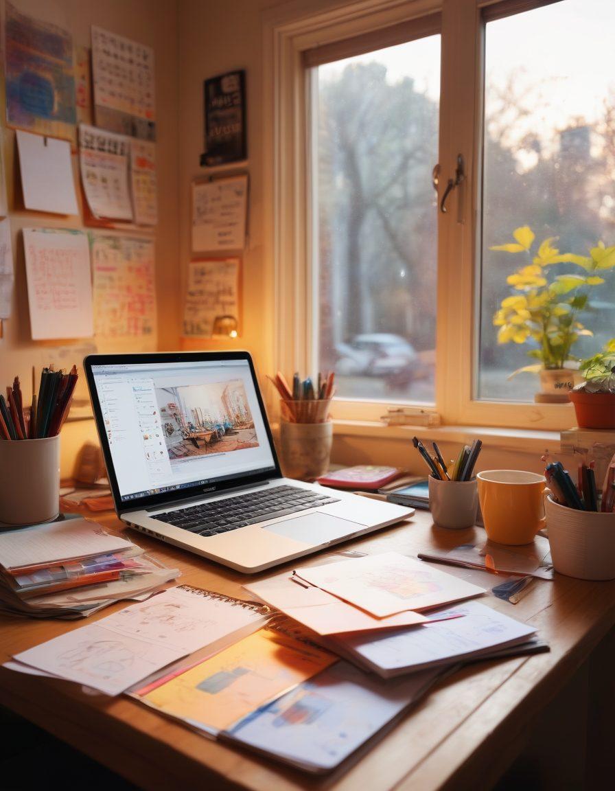 An artist's desk cluttered with sketches, laptops, and colorful notepads, capturing the creative chaos of blogging. Soft light streaming in from a window, illuminating a mug filled with pens and a half-finished blog post on the screen. In the background, blurred visuals of social media icons and digital graphs symbolize online engagement. Vibrant color palette, mixing warm and cool tones. super-realistic. vibrant colors.