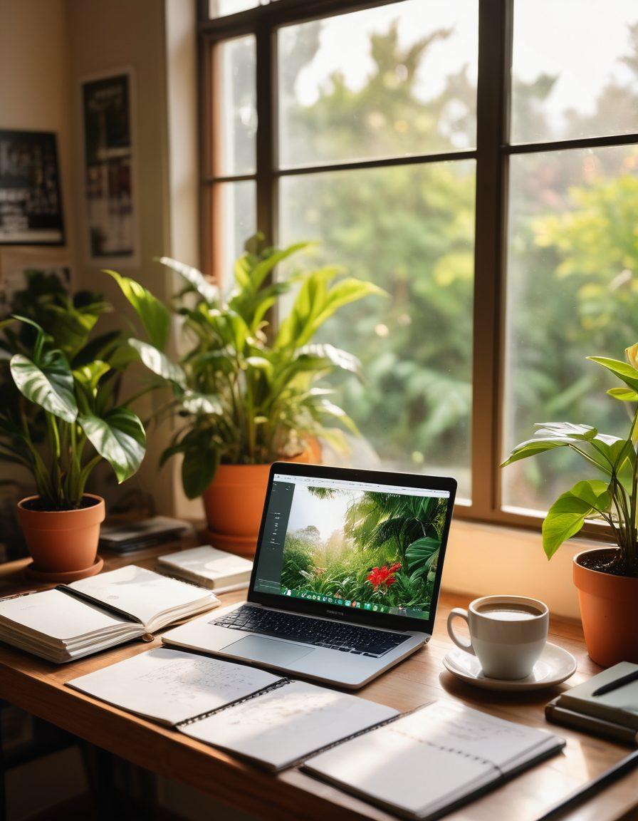 A cozy modern workspace featuring an open laptop with a glowing screen displaying colorful text and images, a stylish notebook with sketches and notes, plants in the background, a steaming cup of coffee, and a soft sunlight streaming through the window. The atmosphere should evoke inspiration and creativity. warm colors. soft focus.